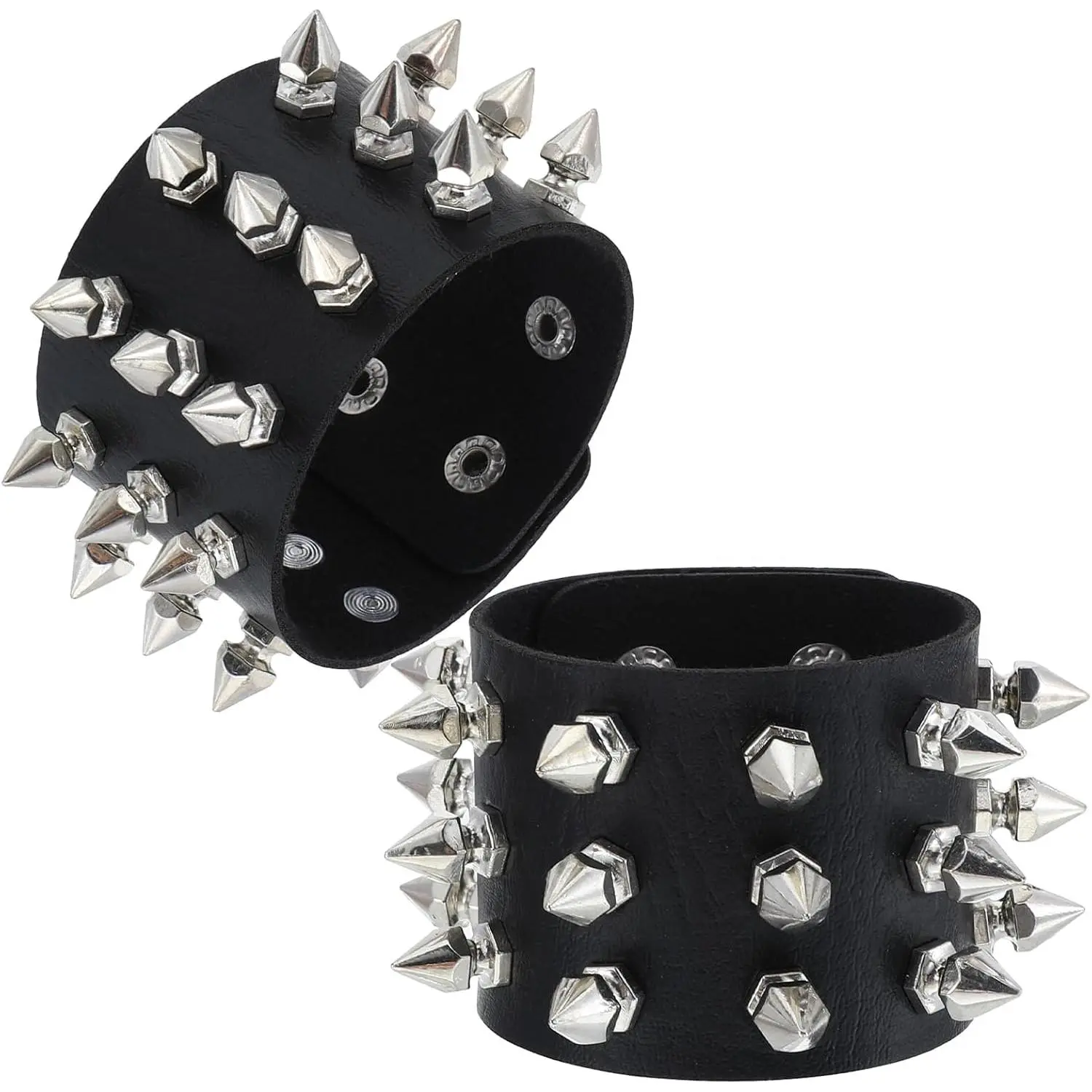 2 count Studded Bracelet, Gothic Punk Rock Spiked Bracelets Black Leather Rivet Wristband Cuff Wrap Bangle for Men Women 80s Emo Accessories