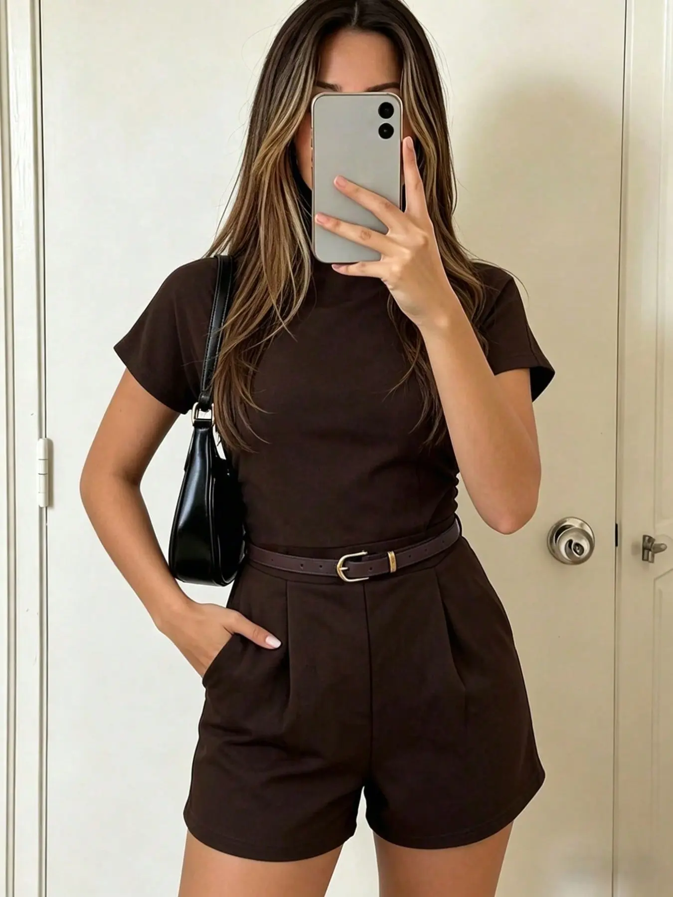 Women's Short Sleeve Jumpsuit Romper with Fake Neck Tie Waist Belt, High-Waisted Plain Color Minimalist Casual for Work, Vacation, Daily Wear