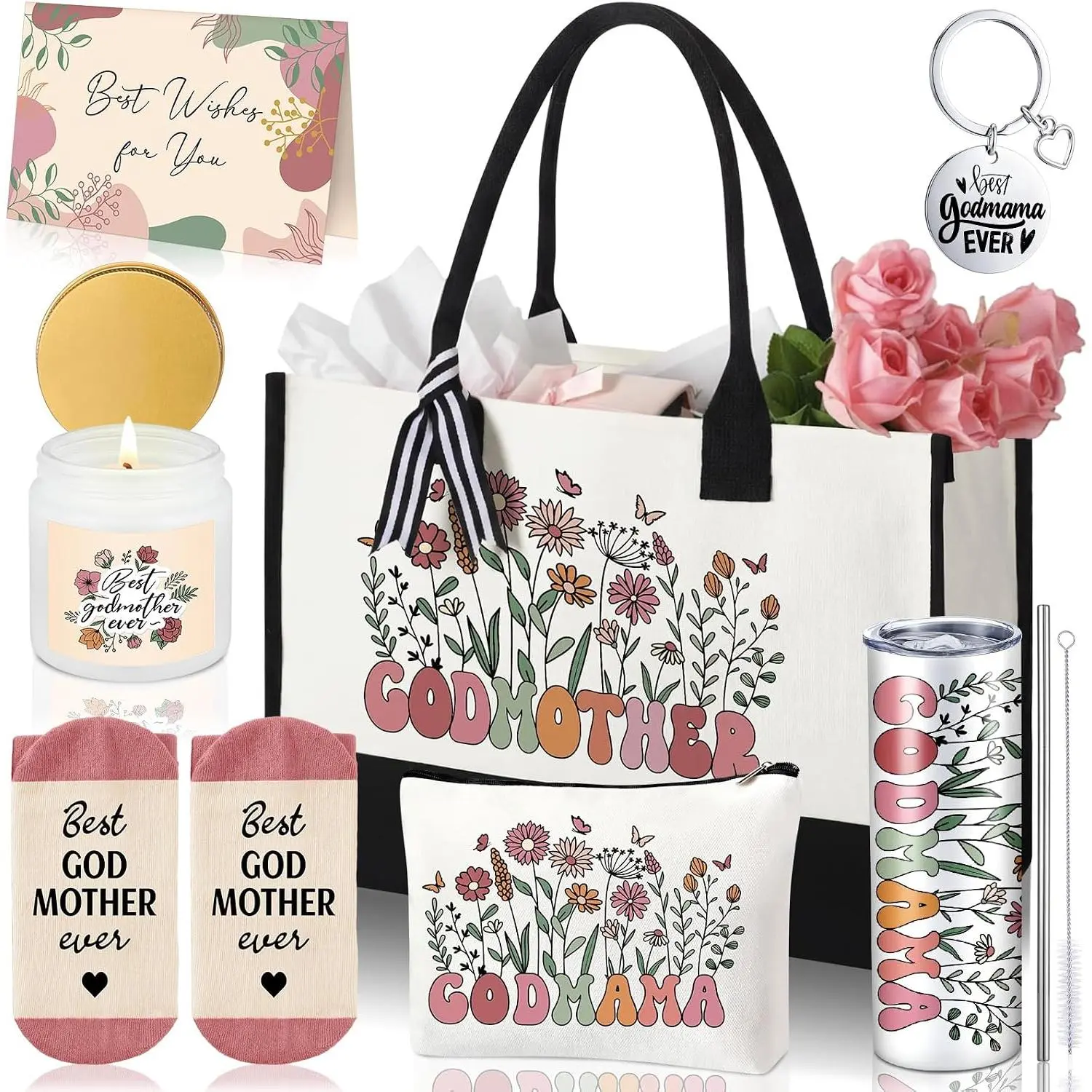 7 count Godmother Proposal  Set,Will You Be My Godmother  Ever | Ideas God Mother Gifts for Women 20oz Tumbler Canvas Tote Makeup Bag  Set from Godchild for Birthday Baptism Christmas