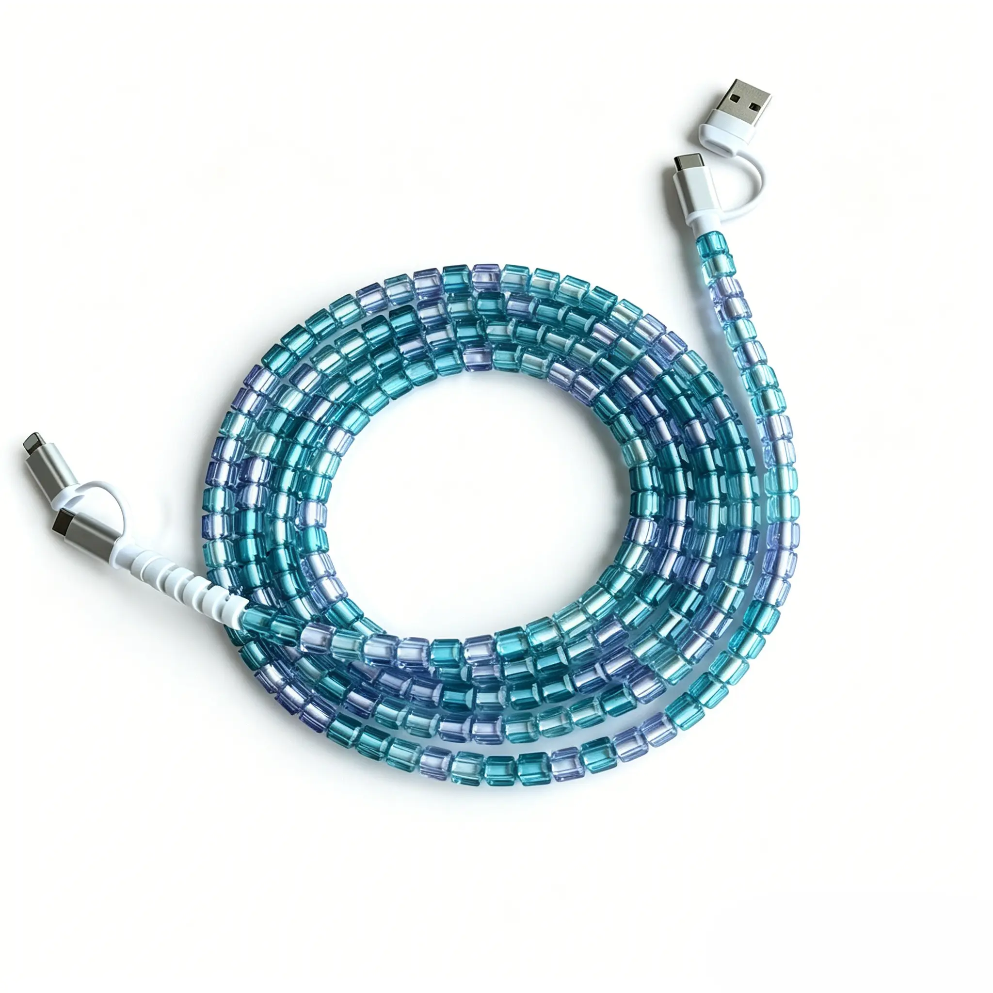 Four-In-One Beaded Charging Cable, Compatible with USB-C and Lightning Devices, 5.9 Feet, Ideal for Quick Charge, Holiday Gift, Beaded Charging Cords