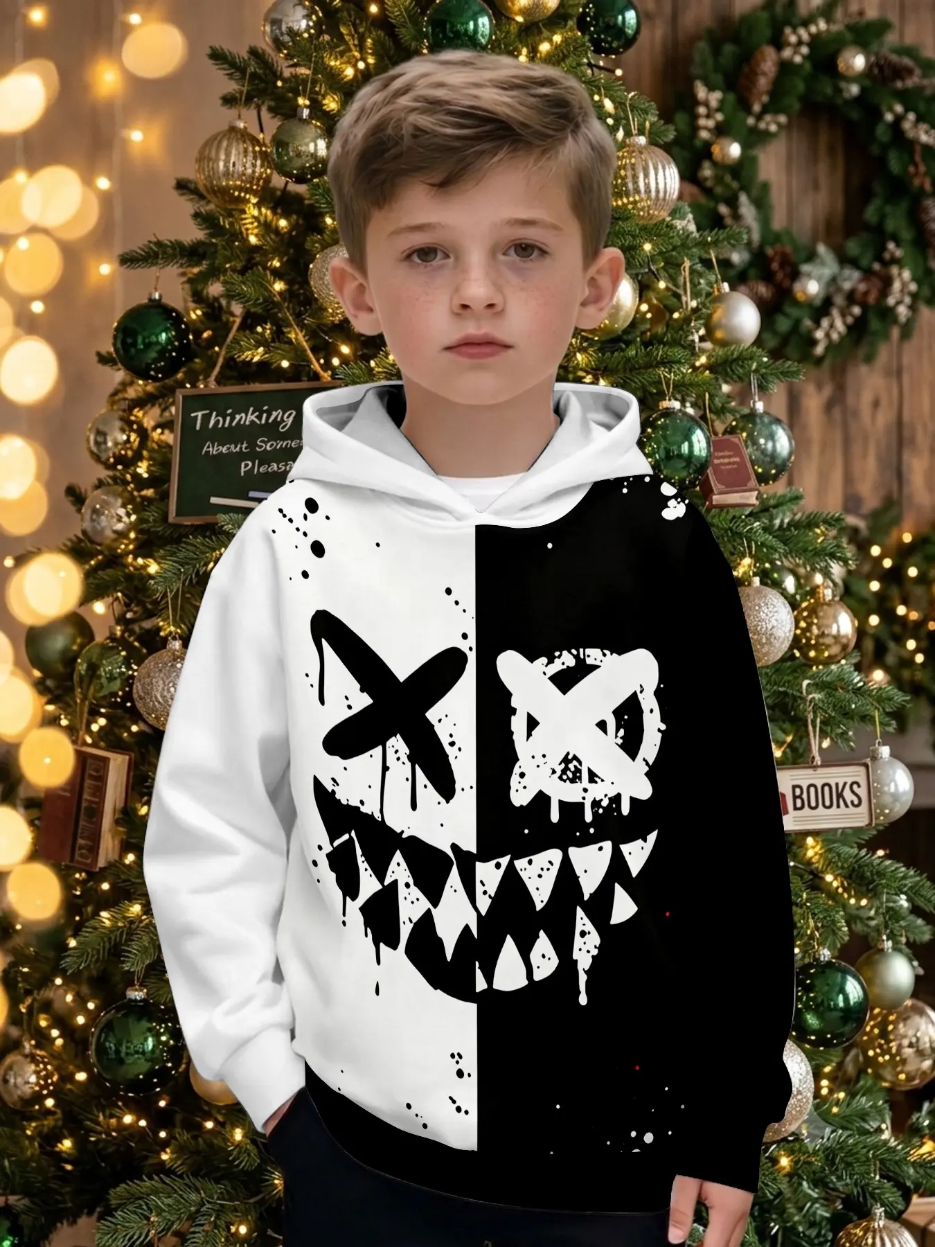 Boys' Hooded Sweatshirt with Ghost Face Print, Casual Fitted Long Sleeve Top, Perfect for Outdoor Activities, Ideal Christmas Gift