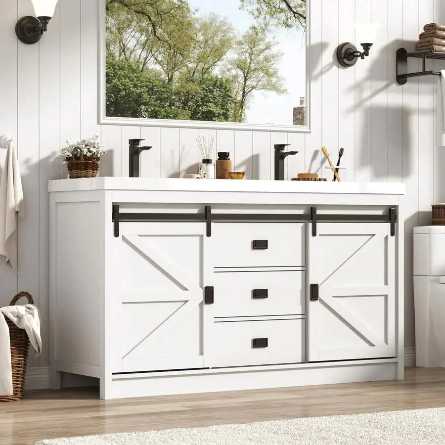 59 Inch Double Sink Bathroom Vanity Set, Farmhouse Cabinet With Barn Door & 3 Drawers, Includes Ceramic Sinks, Faucets And Drain Kits