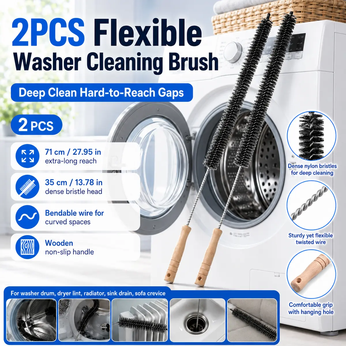 2PCS Washing Machine Drum Cleaning Brush, 71cm Bendable Long Handle Crevice Cleaner with Dense Nylon Bristles and Slim Flexible Wire, Multi Use Household Tool for Washer Tub, Sink Drain, Radiator Gap, Sofa Bottom, Bathroom and Kitchen Corners