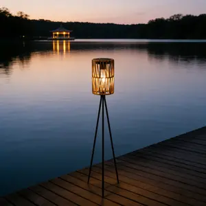 Solar Woven Tripod Floor Lamp, Rustic Country Style Outdoor Projection Lantern, Garden Courtyard Backyard Decor, Eco-Friendly Lighting, Solar Lantern Lights