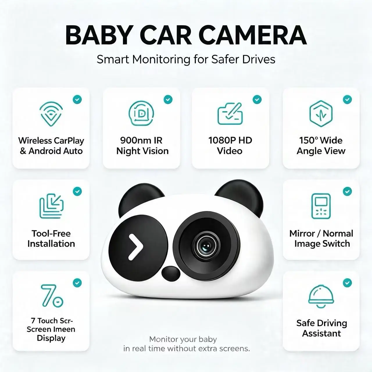 1080P HD Wireless Carplay Baby Stroller Camera, 150° Wide Angle, Compatible with Car Displays, Split Screen Navigation, Plug-And-Play