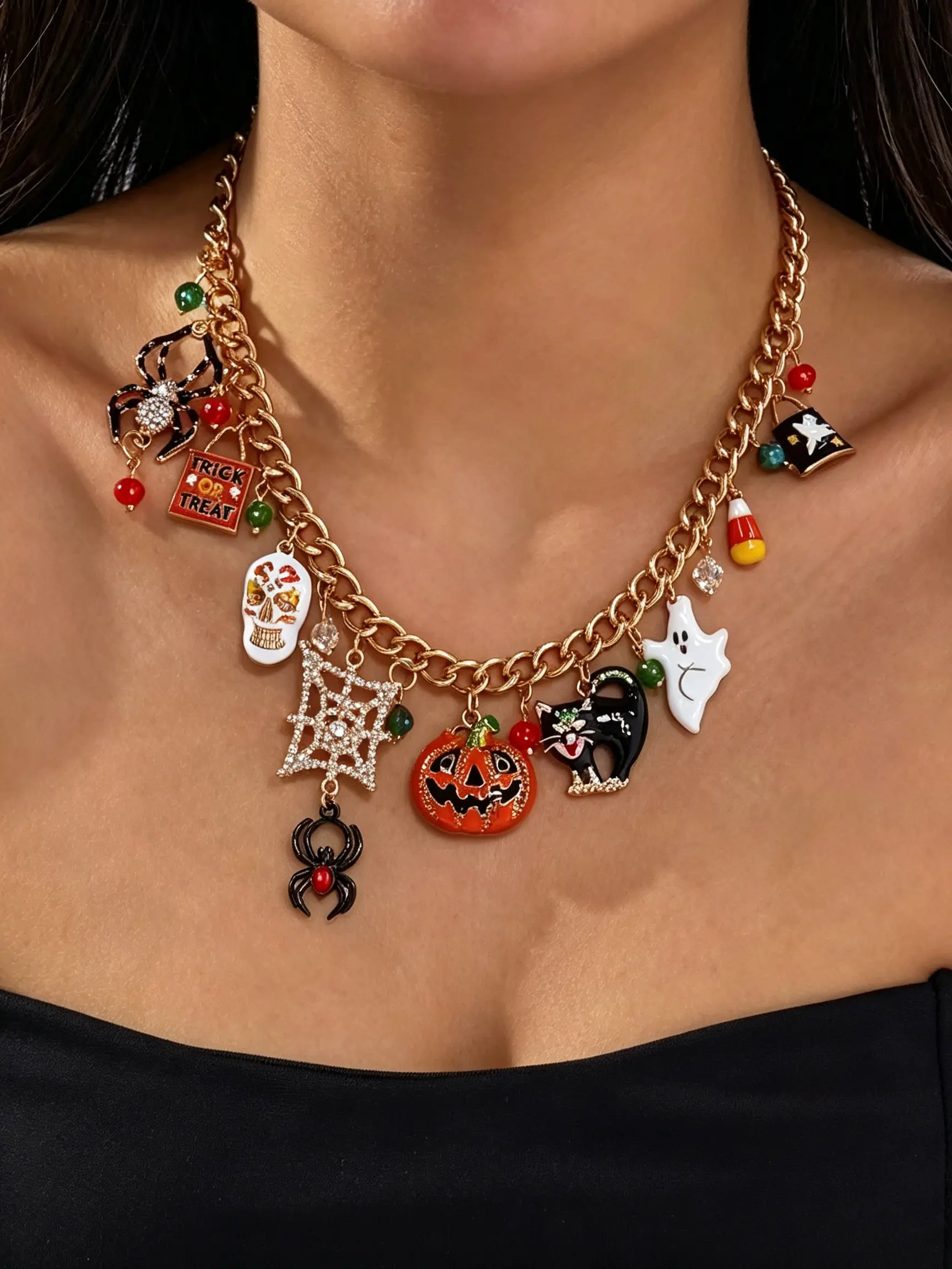 Halloween Chain Necklace with Pumpkin, Cat, Spider, Coffin, Skull, No Sugar Halloween Charms, Women's Horror Costume Jewelry