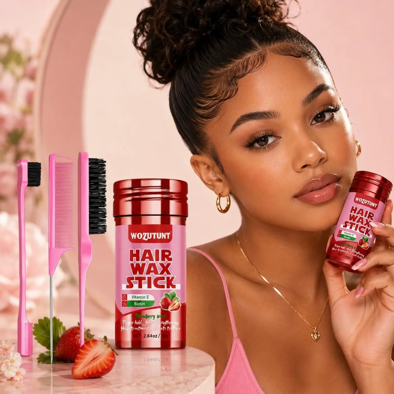 4pcs/5pcs Strawberry scent Hair Wax Stick Set, Hair products, infused with Vitamin E and Biotin, suitable for all hair types, provides long-lasting hold, non-greasy and non-sticky, tames frizzy hair, comes with comb and brush tools