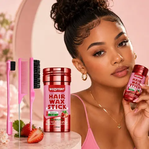 4pcs/5pcs Strawberry scent Hair Wax Stick Set, Hair products, infused with Vitamin E and Biotin, suitable for all hair types, provides long-lasting hold, non-greasy and non-sticky, tames frizzy hair, comes with comb and brush tools