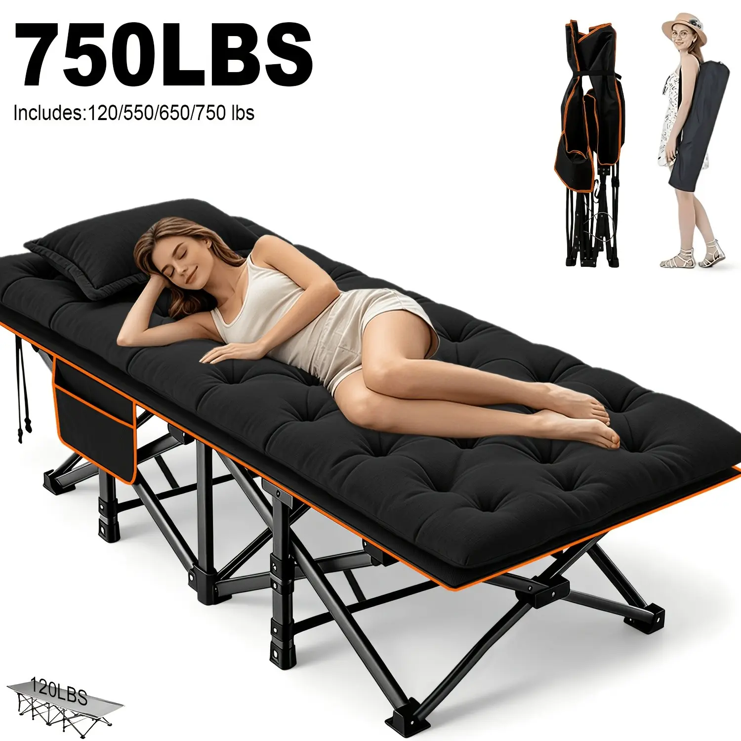 Comfortable Folding Bed 77/75/73/59 Inch Thick Oversized with Mattress, Portable Camping Sofa Guest Bed, 120/550/650/750 Lbs Load Capacity for Garden Balcony Outdoor