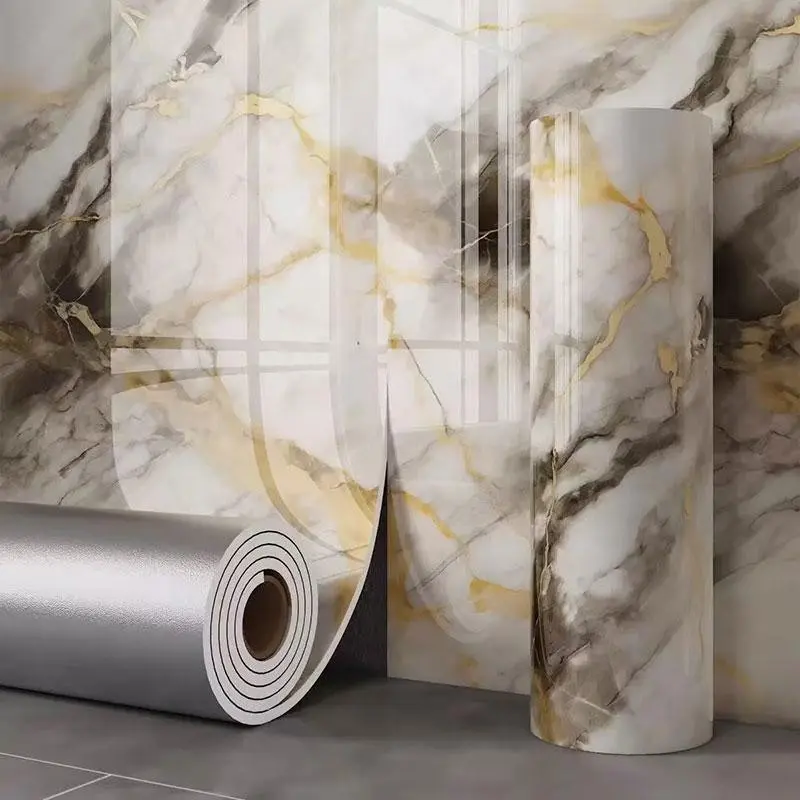 A roll of self-adhesive marble wallpaper resembling ceramic tiles, Sticky Wallpaper Peel And Stick, Bathroom Peel And Stick Wallpaper - waterproof and moisture-proof - for living room and bathroom renovation