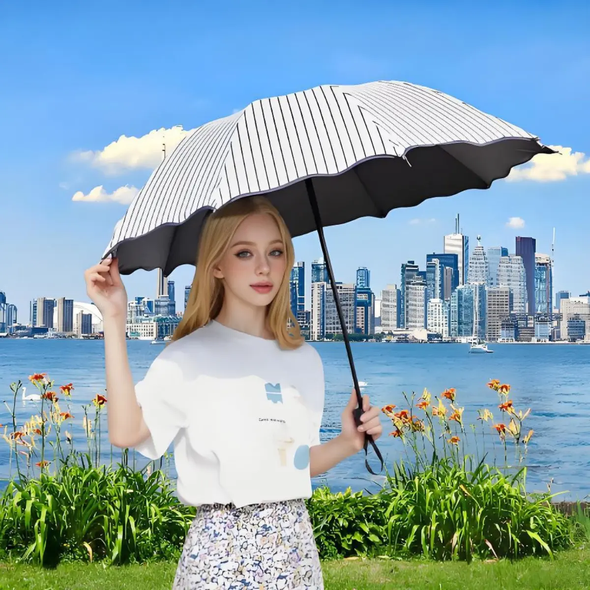 Fresh Striped Sunscreen Umbrella, Mini Foldable Dual-Use Sun & Rain Parasol, Lightweight Simple Sunshade, Portable Outdoor Accessory