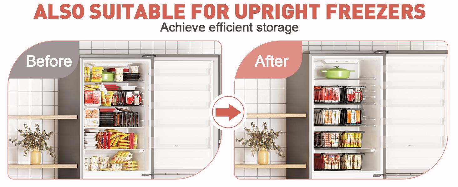 VANCASTLE Freezer Organizer Bins with Foldable Handle, Stackable Freezer Baskets for 3.5-7 Cu.FT Deep Chest Freezer Organization, Coated Metal Freezer Storage Bins with Better Space Utilization