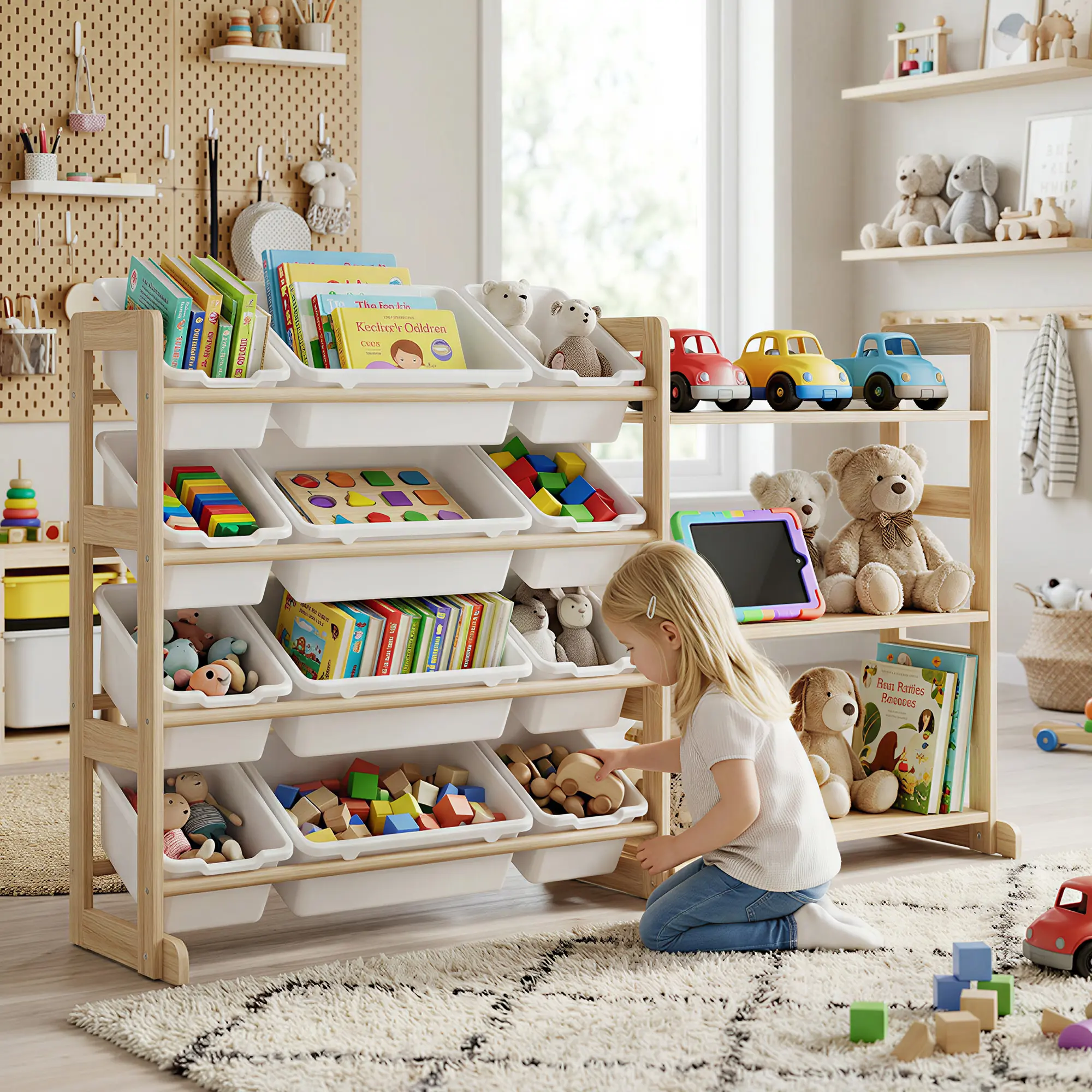 Solid Pine Wood Kids Toy Storage Bookshelf, Child-Safe Rounded Corners Design, 12 Removable Bins & 3 Open Shelves, Sturdy Organizer for Toddler Nursery and Playroom, Simple Assembly