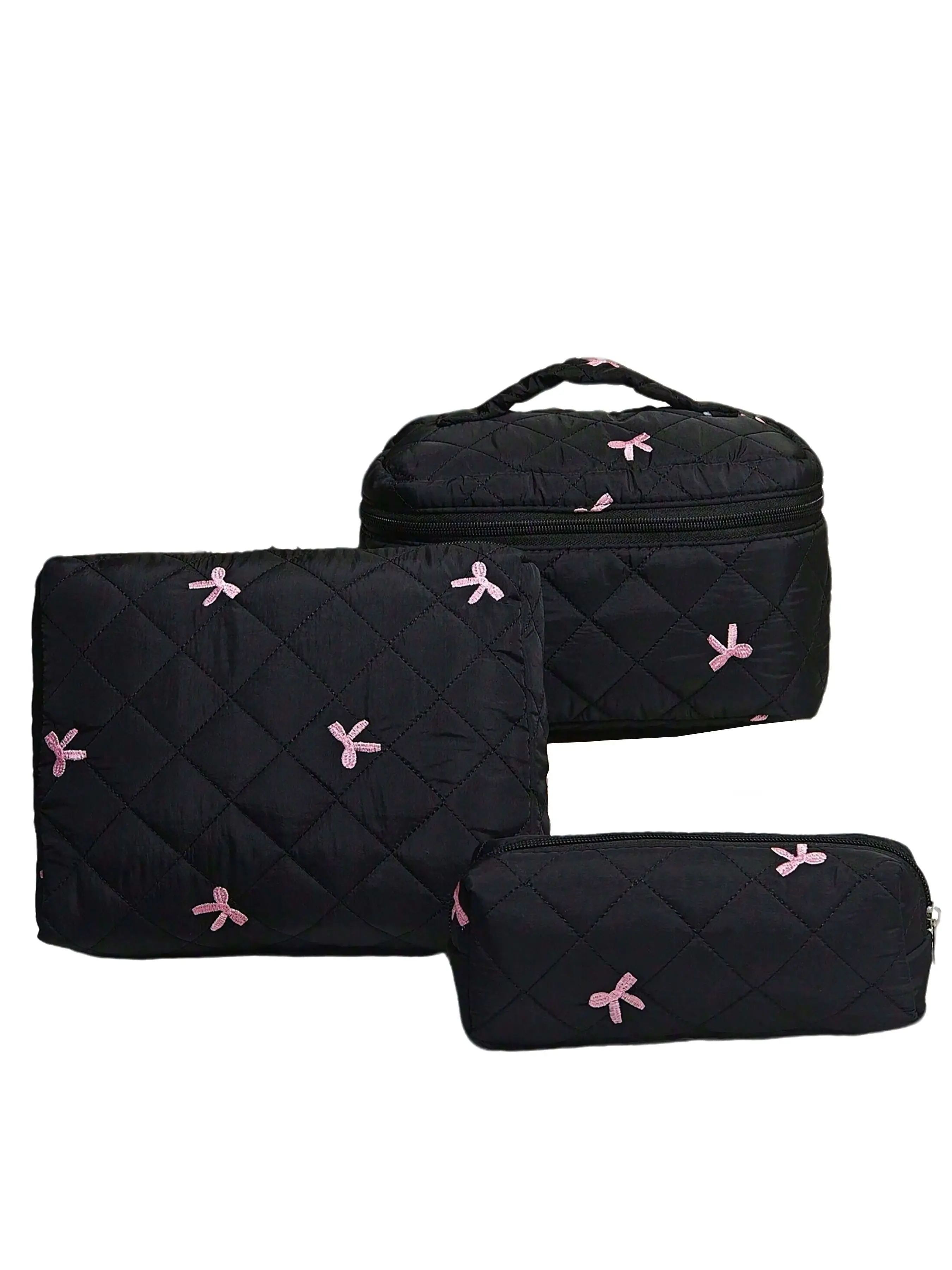 3pcs/4pcs Bow Embroidered Makeup Bags, Quilted Storage Pouches, Women's Travel Bags, Multi-Functional Organizer, Home, Vacation, School, Makeup Bag Set