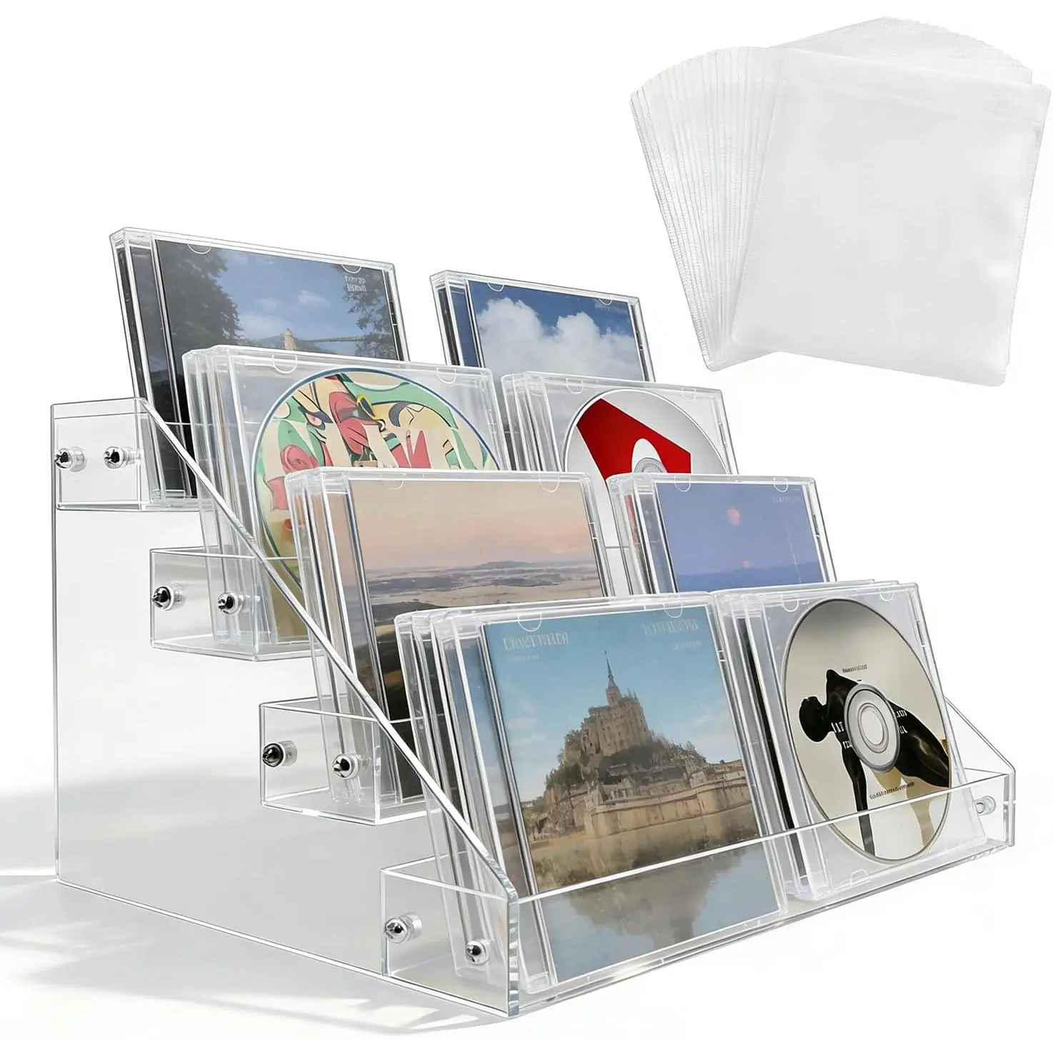 4-tier clear  cascading CD holder, DVD/CD display stand, storage box, and vinyl record shelf. Holds up to 32 standard CD cases and includes 20 CD/DVD sleeves for organized media storage.
