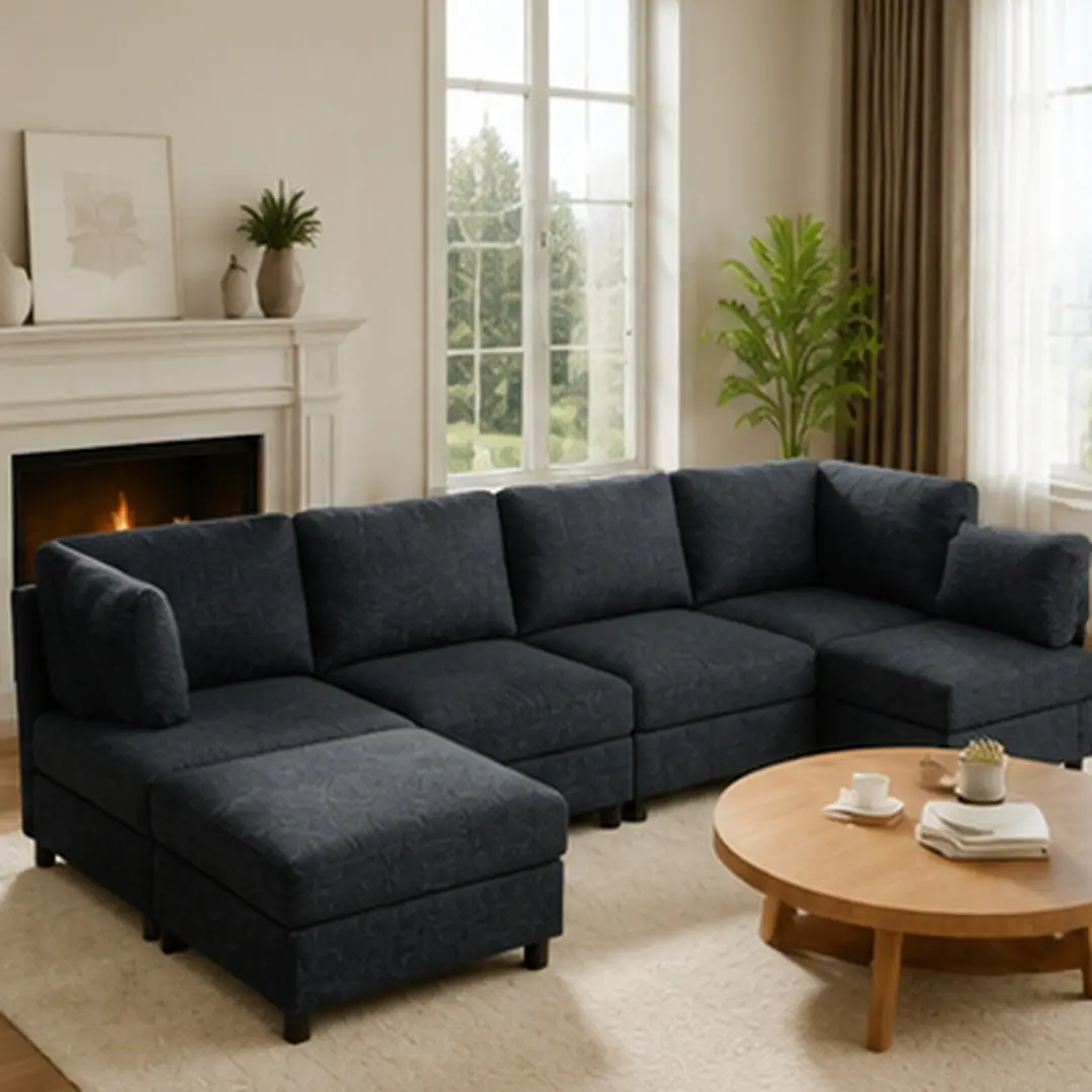 ARCH Modular Corner Sectional Sofa - 6-Seat L-Shaped Comfy Couch with Ottoman, Dark Grey Polyester Fabric, Sturdy Wood Frame, Foam Cushions, Armless Loose Back, Minimal Chic Scandinavian Mid-Century Modern Indoor Furniture (Dark Grey/Light Brown Options)