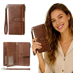 1pc Large Capacity Ladies Long Handheld Purse RFID Blocking Anti Theft Vegan Leather Retro Design Three Fold Wallet 16 Card Slots Multiple Cash Slots Zipper Change Pocket With Wrist Strap For Shopping Travel Errands Multifunctional Female Credit Card Wall