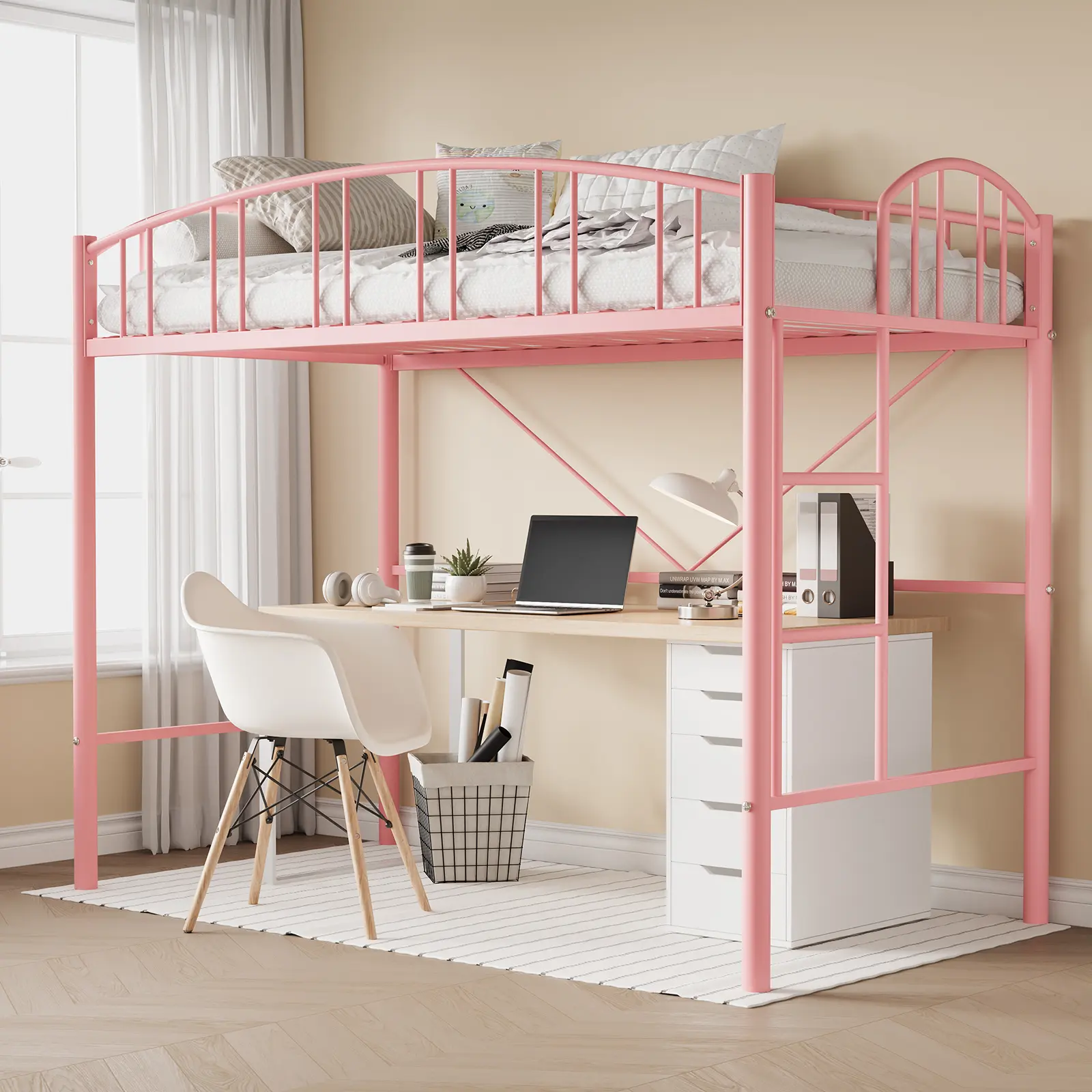 Loft Bed Twin Size – Heavy Duty Metal Loft Bed Frame with Arched Guardrail & Safety Ladder – Space‑Saving – No Box Spring Needed