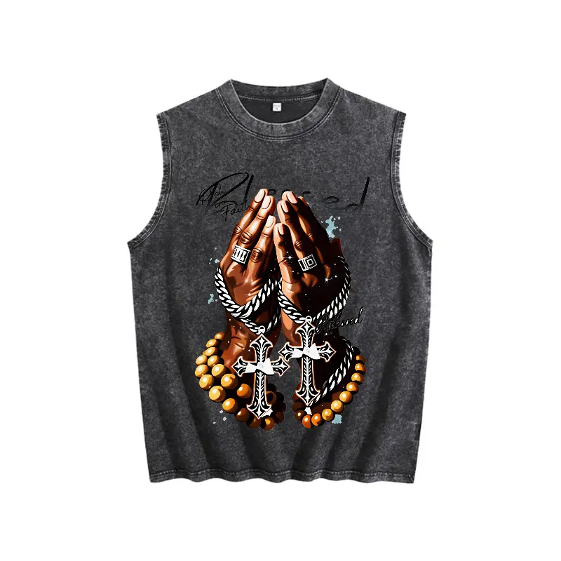 Christian Believer Blessed Praying Hands Unisex Tank Top, Retro Washed Black Sleeveless Crew Neck With Rosary Cross Prayer Hand Graphic, Church Workout Casual Tank For Men Women Faith Bible Lovers