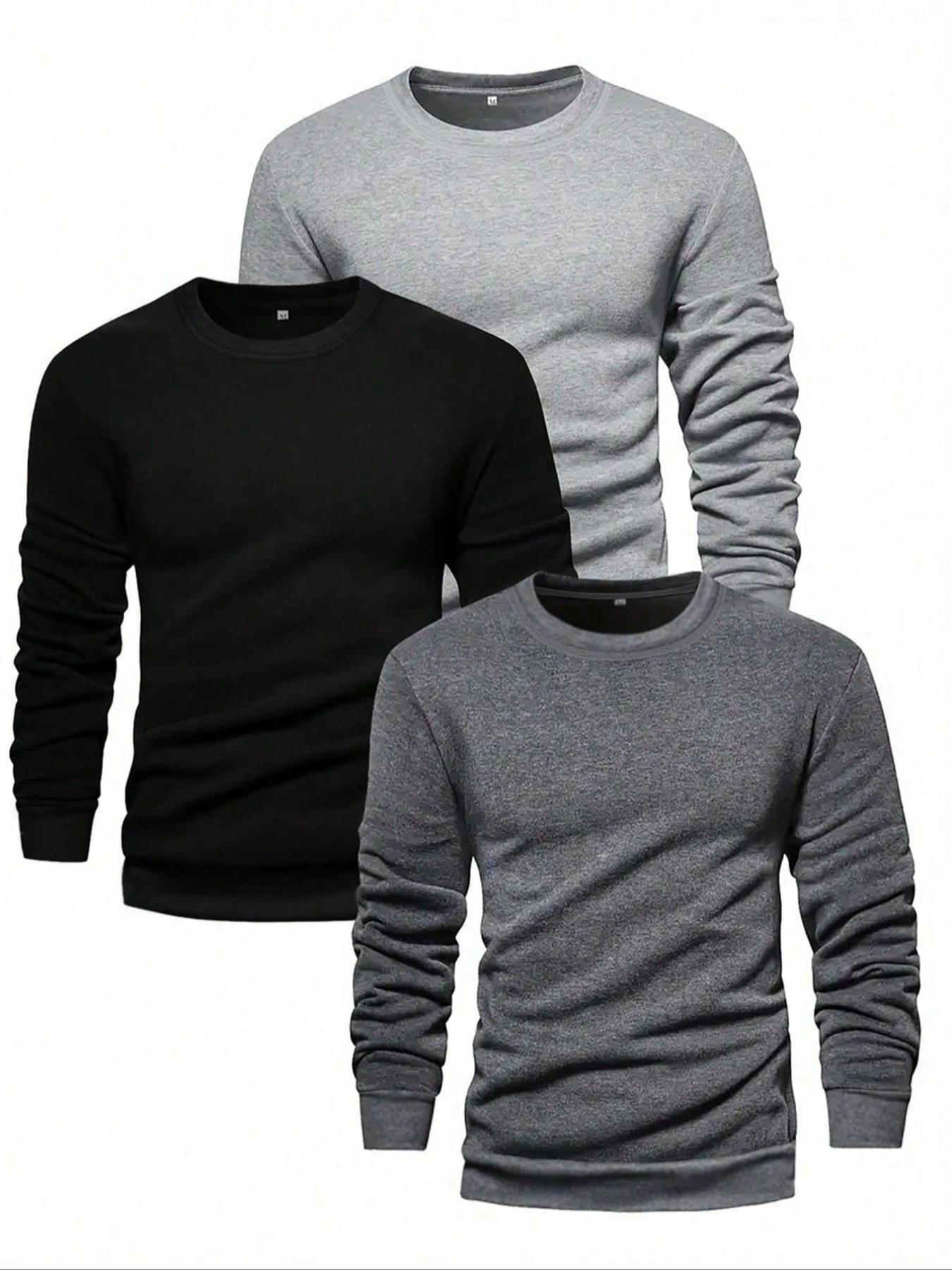Men's Solid Plain Long Sleeve Crew Neck T-shirt, Casual Regular Fit Basic Round Neck Tee for Fall & Winter, Men's Clothes for Daily Wear