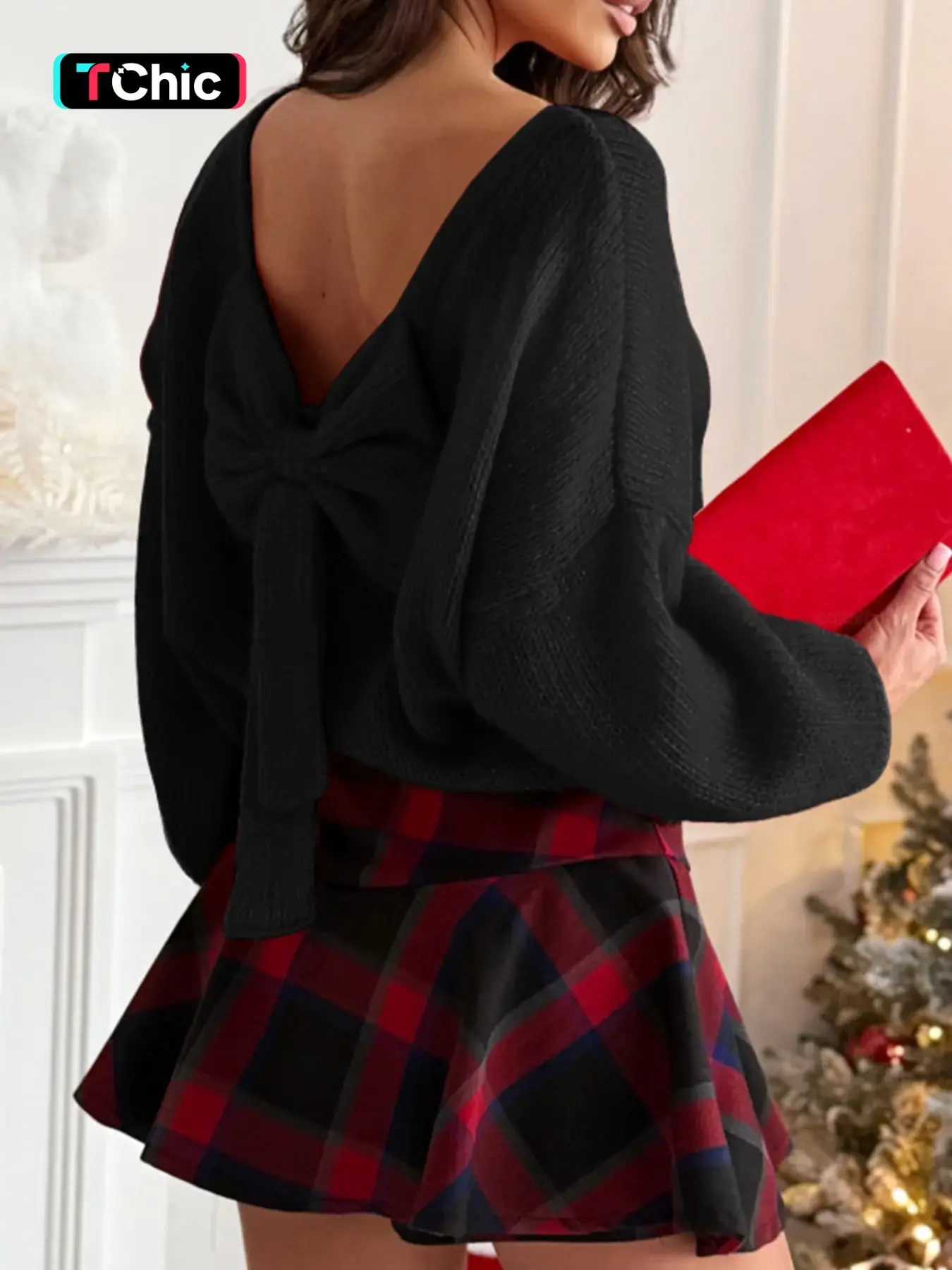 Hotapei Winter Christmas Holiday Bow Backless Puffed Bubble Long Sleeve Fitted Knitwear Sweater, Festive Casual Style, Perfect for Cold Weather, Stylish & Cozy Design, Womenswear Piece Tops