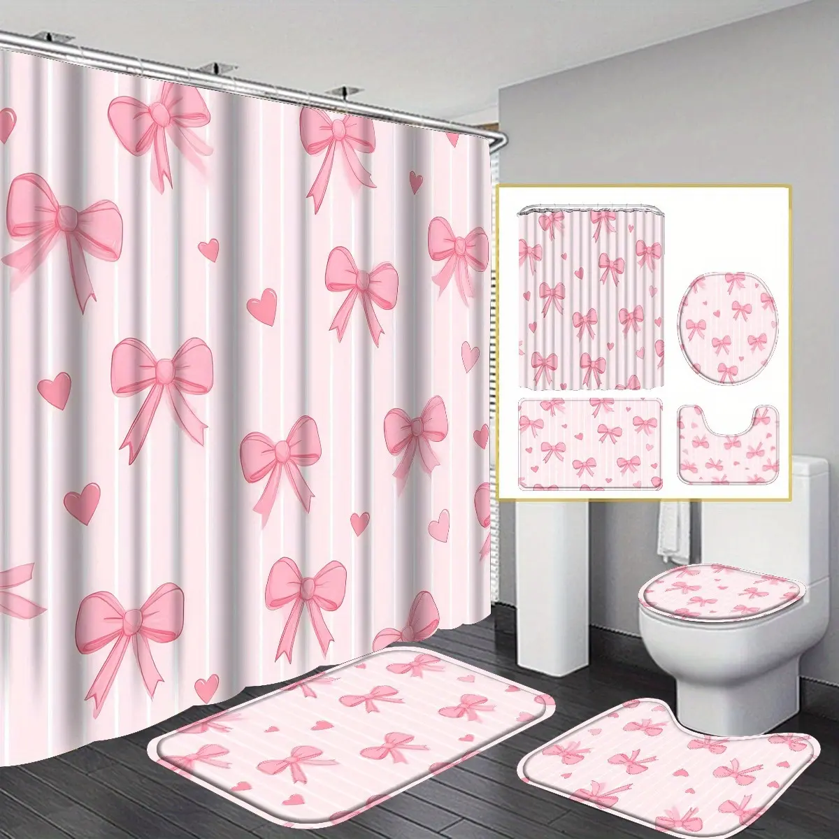 4-Piece pink bow shower curtain cute set, fashionable bathroom curtain set with 12 hooks, including non-slip bathroom floor mat, U-shaped toilet seat, toilet cover cover, bathroom accessories, suitable for bathroom and home decoration, housewarming gift