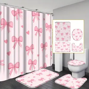 4-Piece pink bow shower curtain set, fashionable bathroom curtain set with 12 hooks, including non-slip bathroom floor mat, U-shaped toilet seat, toilet cover cover, bathroom accessories, suitable for bathroom and home decoration, housewarming gift