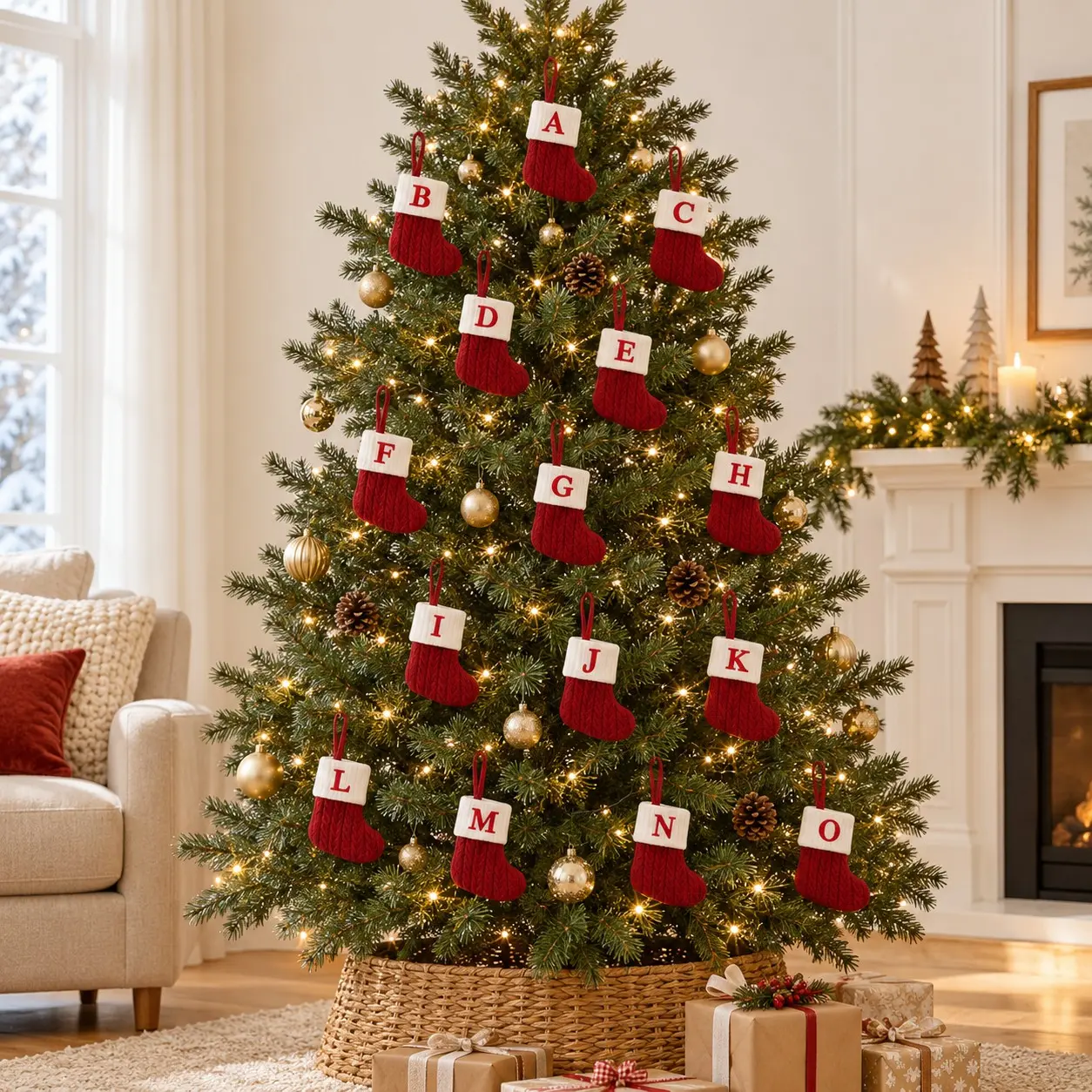 Mini Initial Christmas Stockings, 13 or 26 Pieces, Red and White Cable Knit, 18 x 15 cm, Christmas Tree Ornaments and Home Mantel Decor