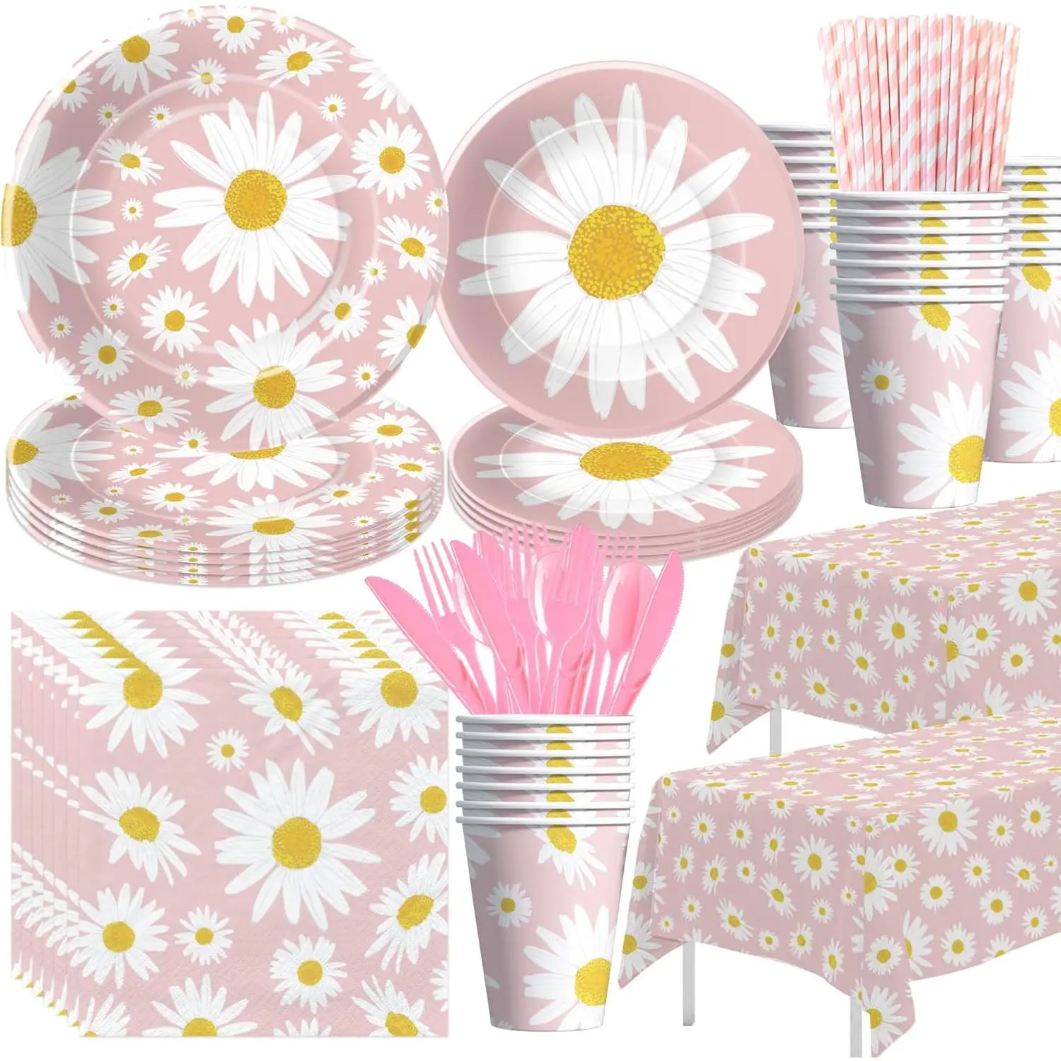 Srua Don Daisy Party Decorations Tableware for Birthday Baby Shower, Floral Groovy Retro Pink Daisy Birthday Party Supplies, Plate, Cup, Napkin, Tablecloth, Disposable Cutlery, Serves 24