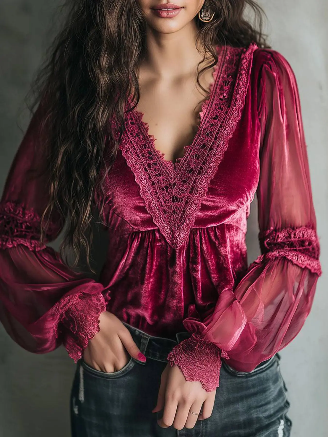 Women's Soft Velvet Blouse, Boho Western Holiday Party Dress, Deep V Neck, Lace Trim, Sheer Lantern Long Sleeve, Empire Waist, Fall Winter Shirts
