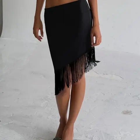 Elegant Asymmetric Fringe Midi Skirt, Asymmetrical Hem Skirt, Summer New Arrival, Low Waist Elastic Slim Fit, Casual Office Style, Women's Fashion