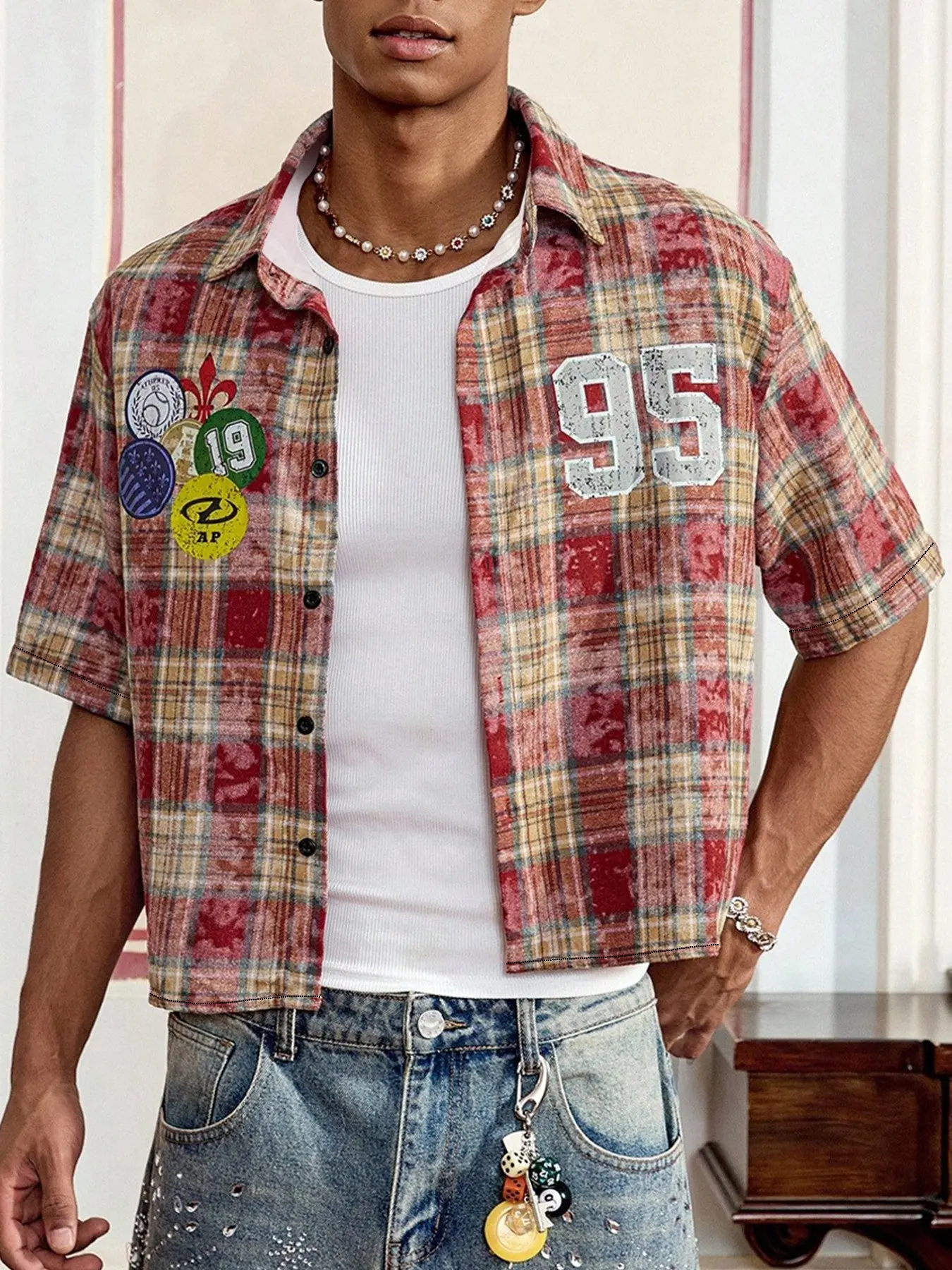 Men's Fashion Summer Retro Gingham Plaid Short Sleeve Shirt, Casual Slim Fit, Button Front, Perfect for Daily Wear, Parties, Outdoor Activities
