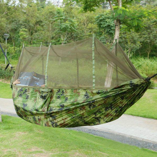 Camping Hammock, Portable Double Hammock with Net,600lbs Load 2 Persons Hammock w/Mosquito Net Outdoor Hiking Camping Hommock Portable Nylon Swing Hanging Bed w/ Strap Hook Carry Bag