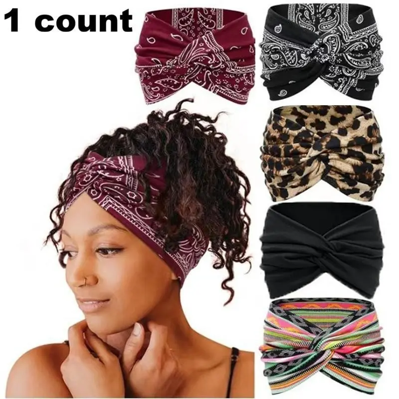 Stylish crossover bohemian hair bands with diverse patterns like leopard and paisley prints. Elastic comfortable, non-pinching anti-slip for outfits No Slip Headbands