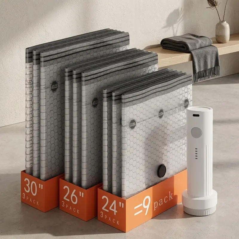 6/9/15 Piece Vacuum Storage Bags with Rechargeable Electric Pump, Space-Saving Compress Bag for Travel and Home Closet, Ethylene Polymer Material