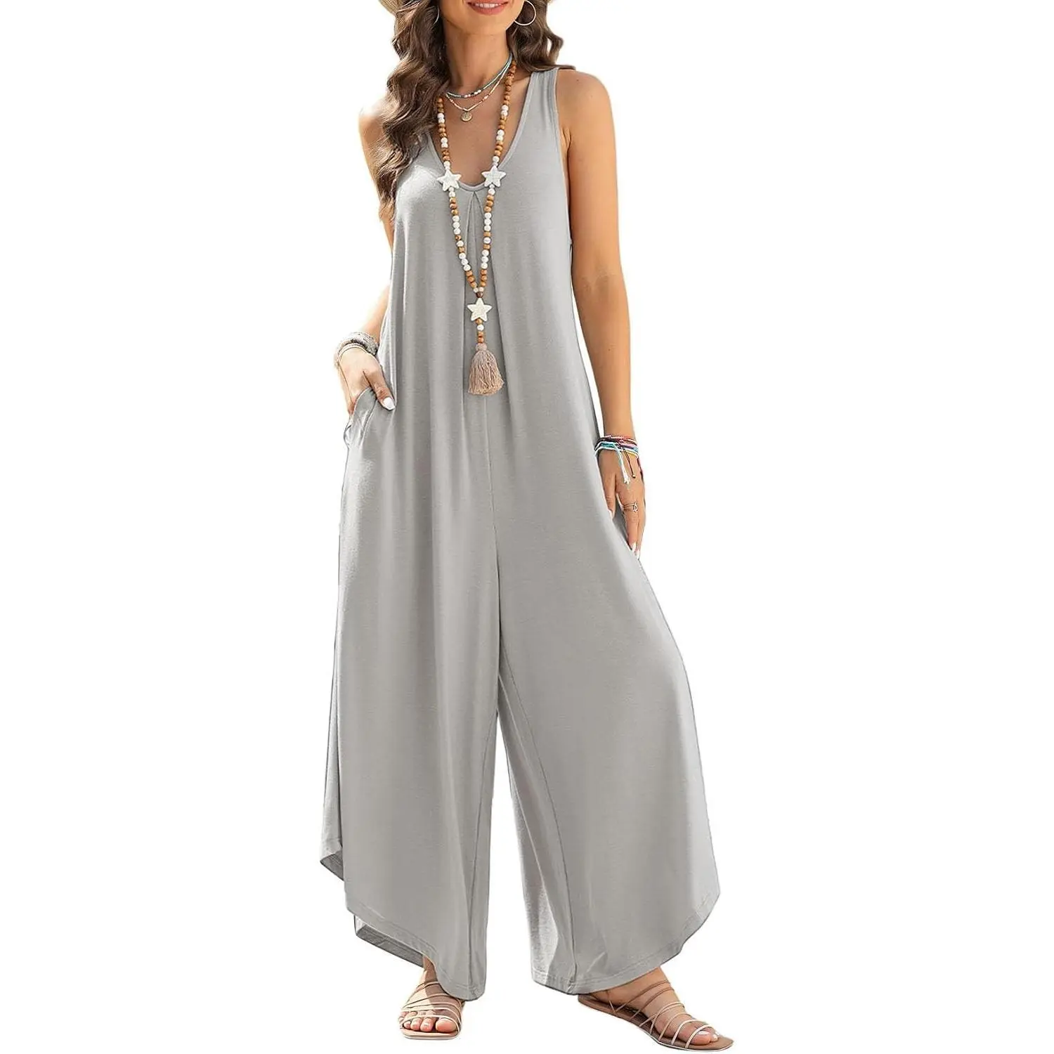 Women's Summer Sleeveless Ruched V-Neck Flared Wide Leg Jumpsuit Romper with Pockets(Gift)