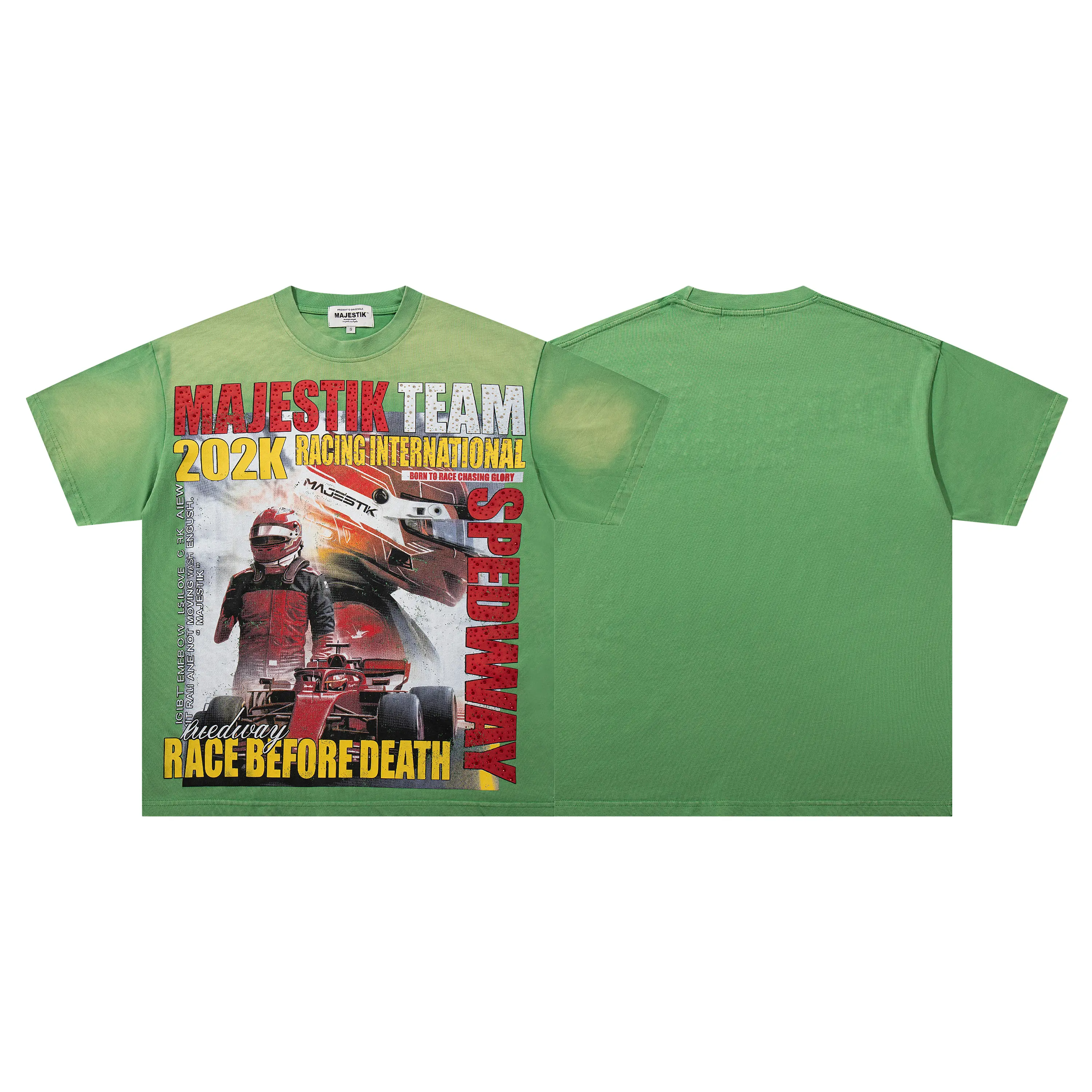 Majestik Team Speedway F1 Racing Graphic T-Shirt Vintage Washed Green Oversized Hip Hop Streetwear Unisex Tee 2026 Summer Festival Motorsport Y2K Retro Heavy Cotton Moisture Wicking Mens Casual Race Day Top