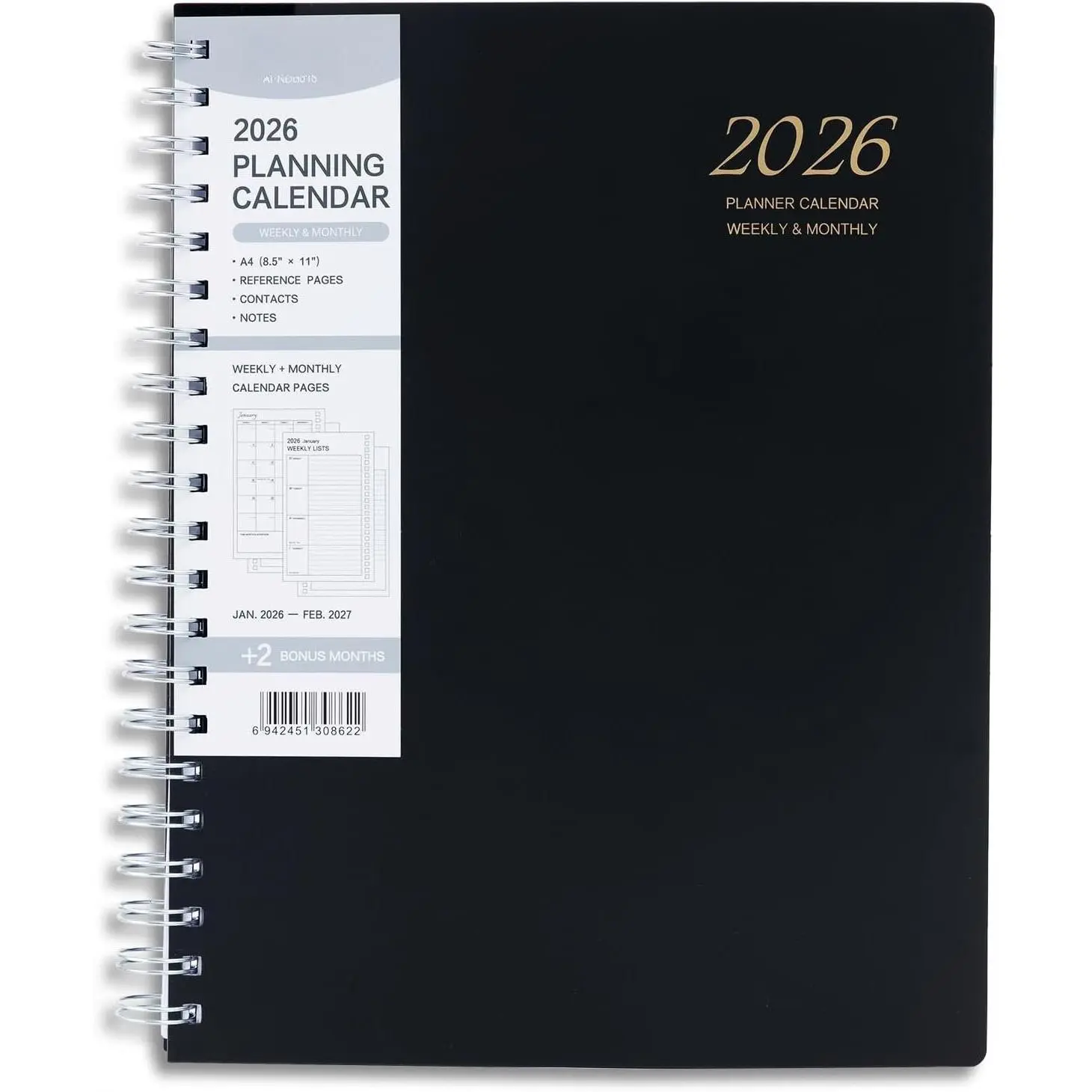 2026 Weekly & Monthly Planner, 14-Month A4 (8.5"x11") Planning Tool with Preprinted Dates, Monthly Tabs, Acid-Free Paper & Holiday List, Jan 2026-Feb 2027 Agenda Book for School & Work Supplies, 14 Months