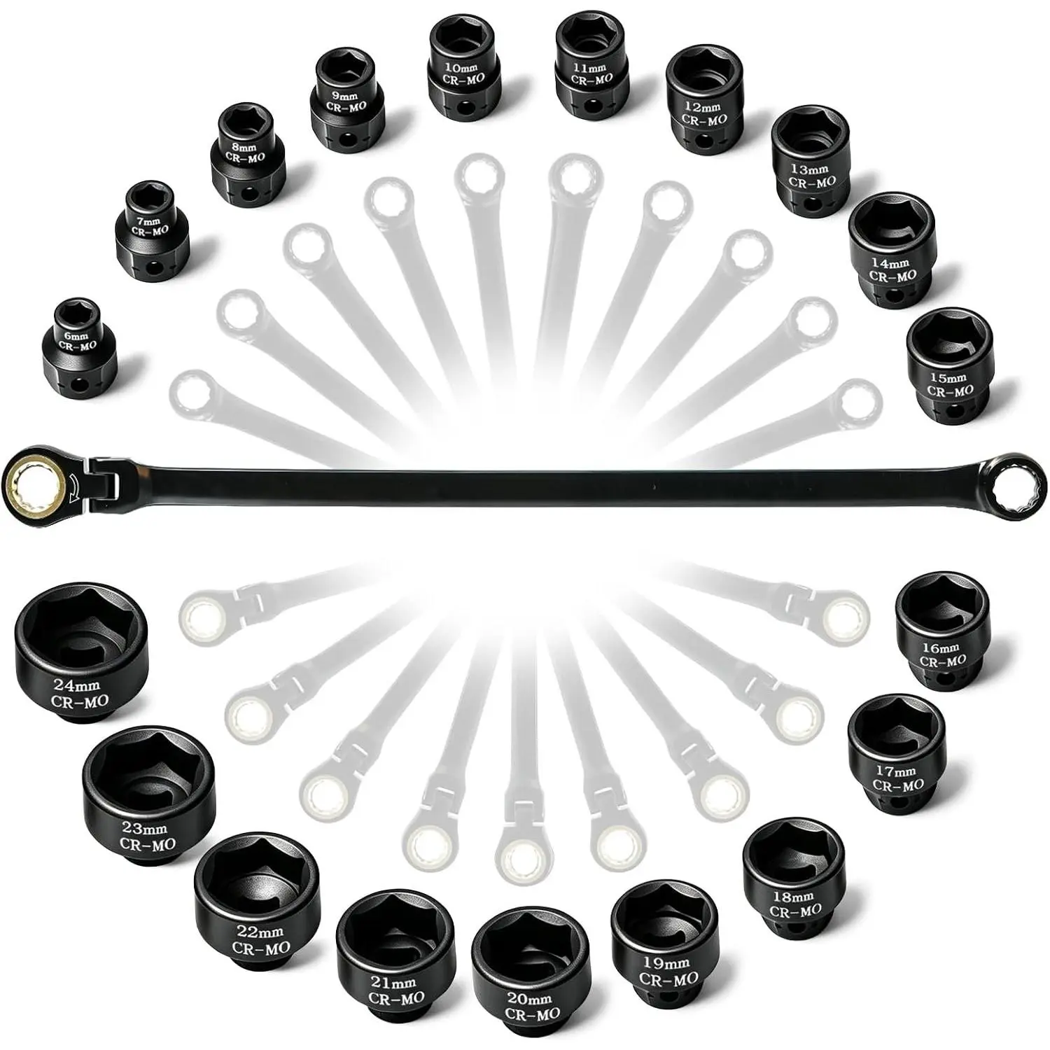 19-in-1 Ratcheting Combination Wrench Set, 6-24mm CR-V Steel Metric Wrench | Pass Through Flex  for Tight Spaces, 16.6" Labor-Saving Long Handle, 72Tooth 180° Swivel Tool for Auto & Household DIY