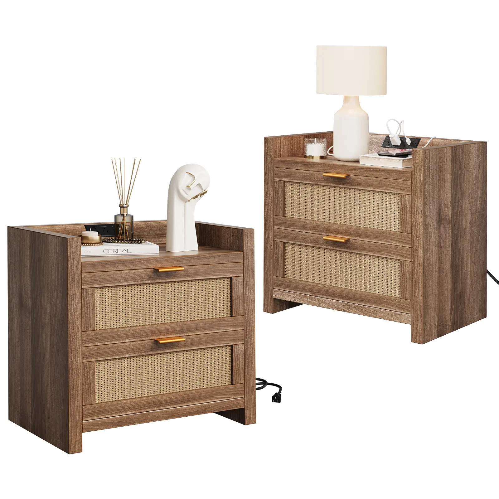 Night Stand Set of 2, Rattan Nightstands with Charging Station – Boho-Style Bedside Tables Featuring 2 Drawers, Modern Walnut Night Stands Ideal for Bedroom, Study, or Living Room