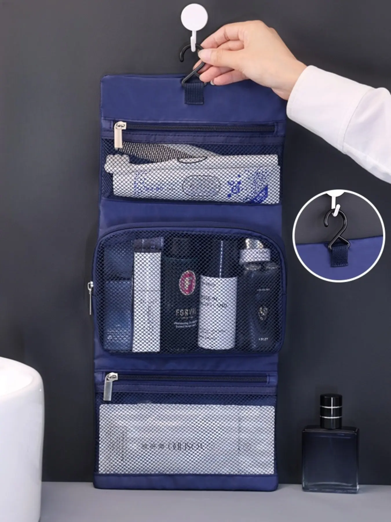 Men’s Foldable Hanging Toiletry Kit, Water Resistant Oxford Travel Wash Bag, Large Capacity Shaving Skincare Storage for Travel Gym Camping