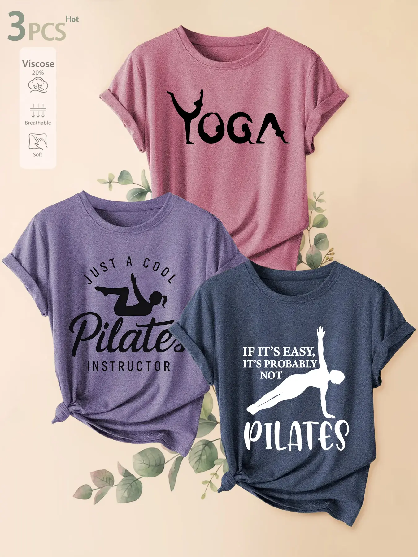 3Pcs Women Crew Neck T-shirt, Yoga Pilates Fitness Figure Silhouette Sport Funny Text Print, Multi-color Washable Soft Spring Summer Daily Fashion Top