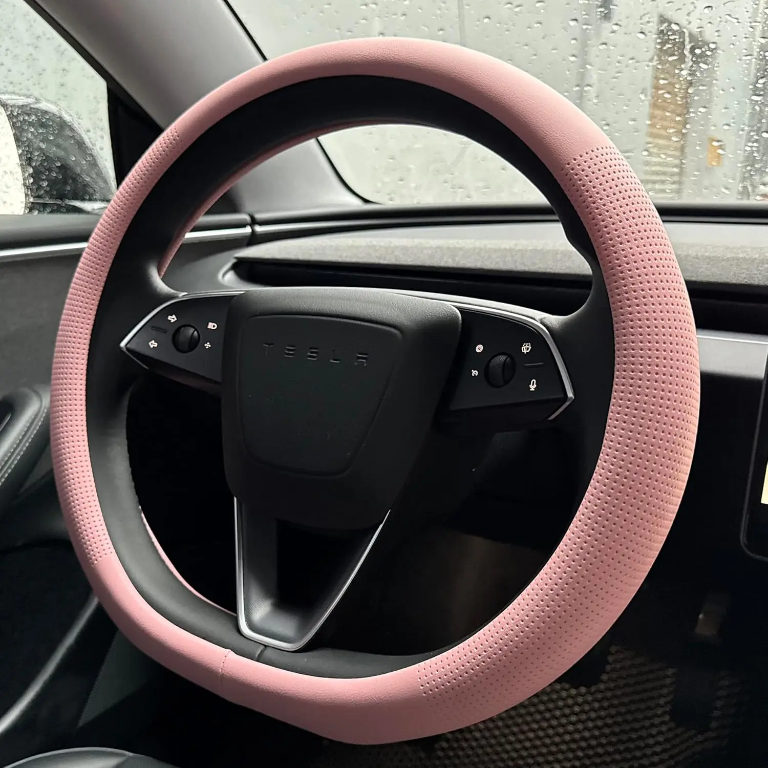 Nappa Leather Steering Wheel Cover for Tesla Model Y/3 Highland/Juniper, D Shaped 14 Inch Small Sized with Breathable Perforation, Fit Like Gloves, Flat Bottom 14 Inch(Nappa Pink)