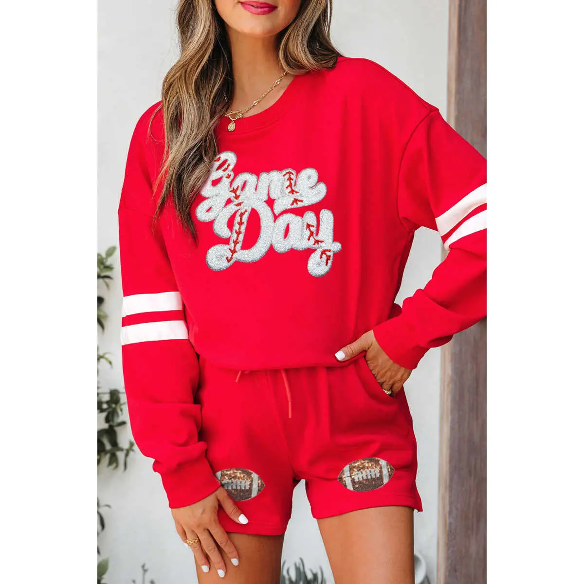 Women’s Glitter Game Day Football Two-Piece Set, Varsity Graphic Long Sleeve Top and Sequin Patch Shorts