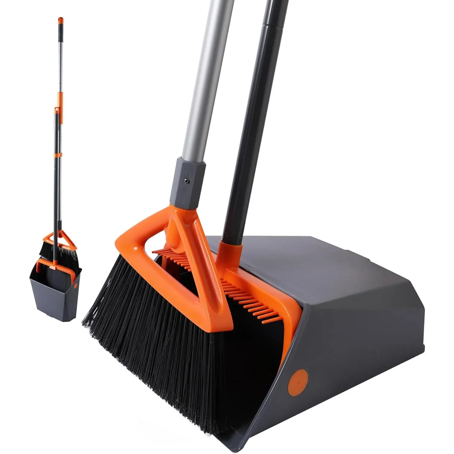 Heavy Duty Outdoor Broom and Dustpan Set with Long Handle, Standing Dustpan & Split-End Bristles for Patio, Garage, Deck, Leaves Debris Cleaning