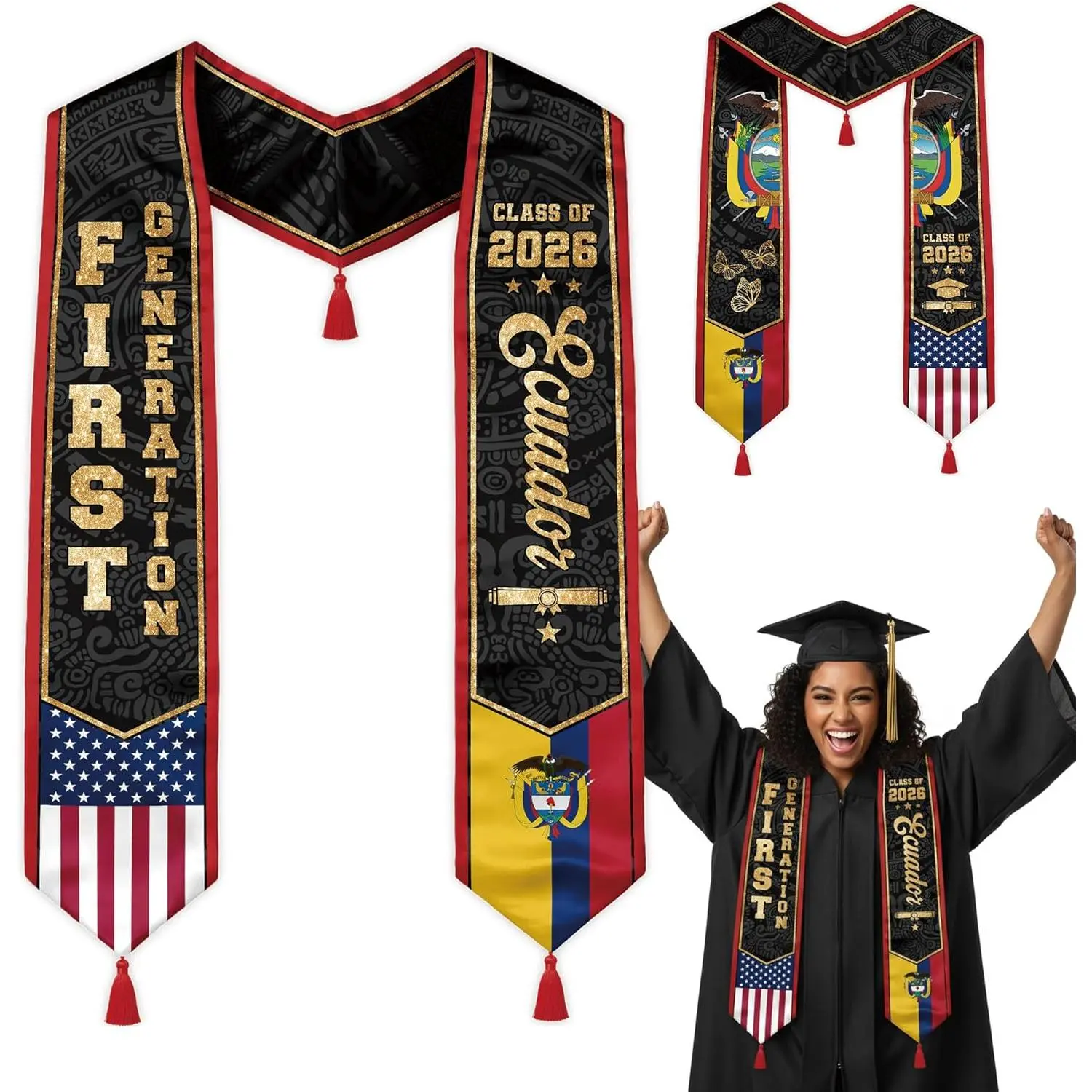 First Generation Reversible Graduation Stole Class of 2026, Flag Sash with Red Tassel 72" for School Graduates