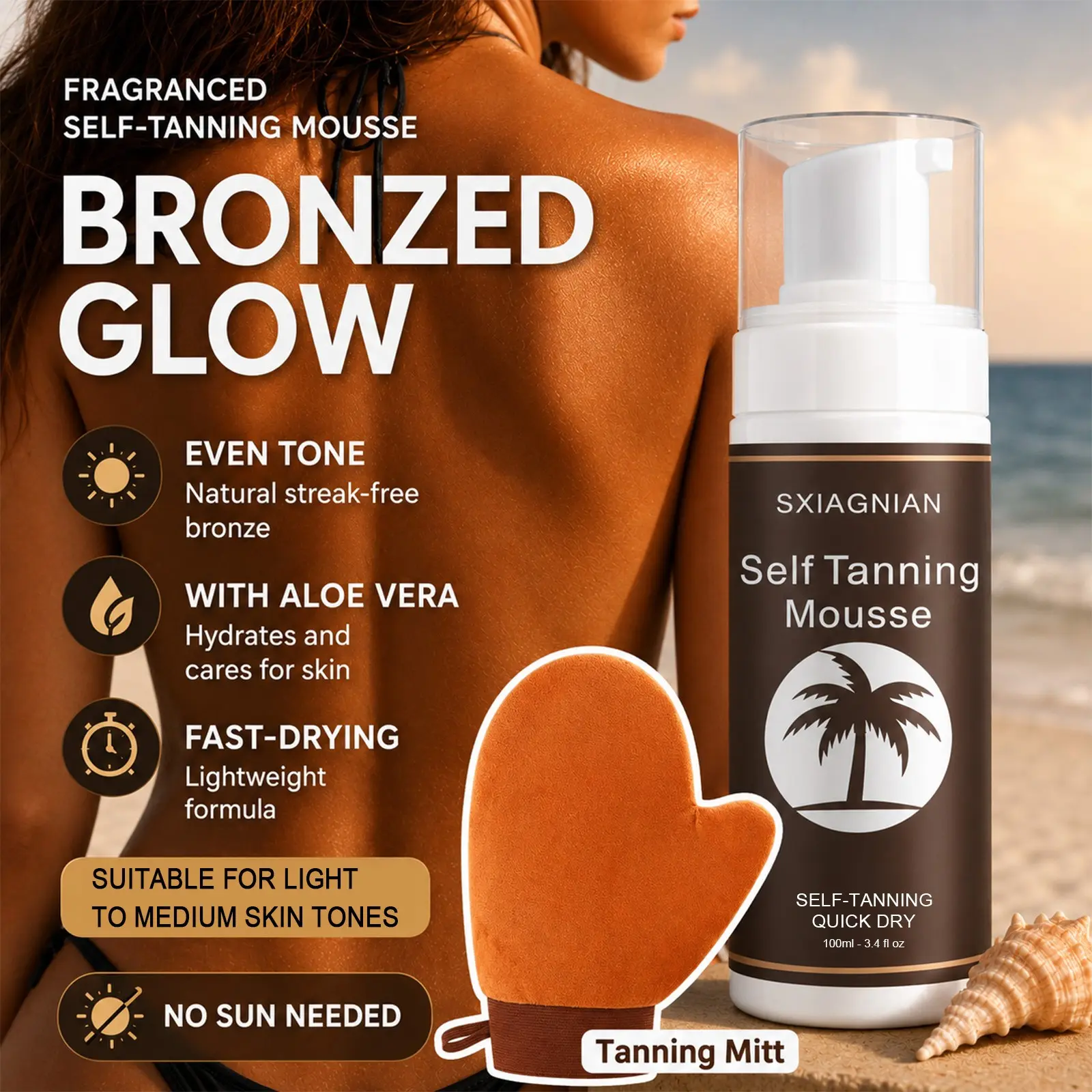 Self Tanning Mousse with Mitt, Sunless Tanner Foam for Natural Bronze Glow, Long-Lasting Streak-Free Tan, Easy At-Home Application, No Sun Needed