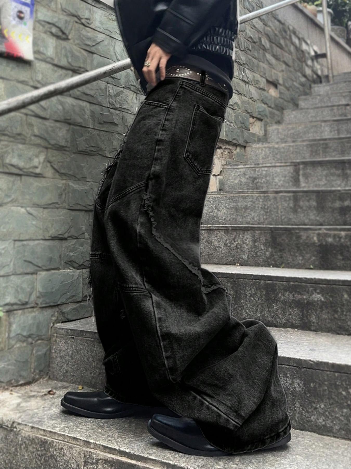 Men's Street Style Streetwear Raw Hem Jeans, Casual Comfy Denim Jeans for Daily Wear, Wide Leg Jeans Bottoms for Men