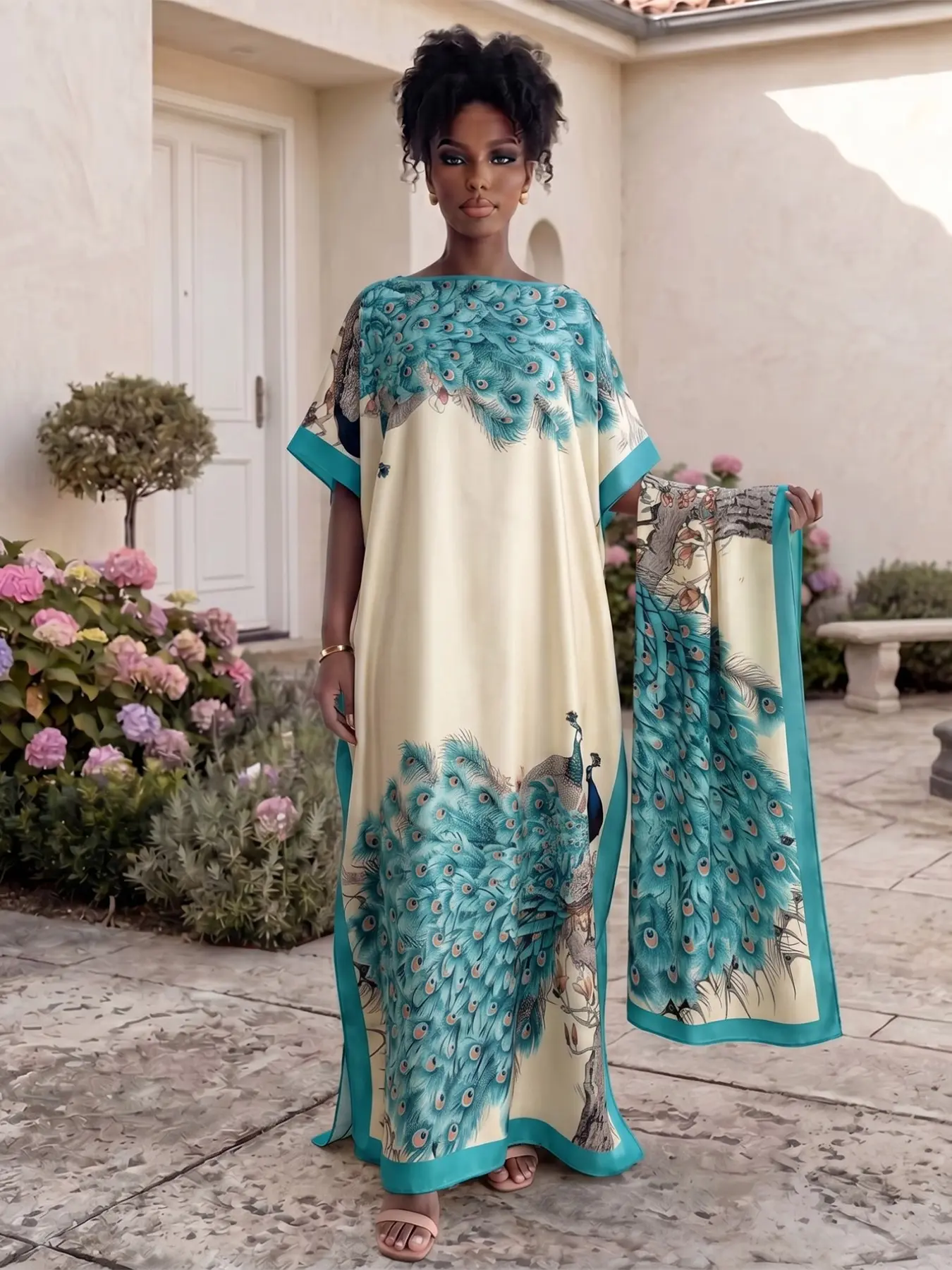 Women's Vintage Cream Teal Peacock Feather Print Moo Moo Robe Set, Beach Sun Protection Silk Scarf, Long Headband, Summer