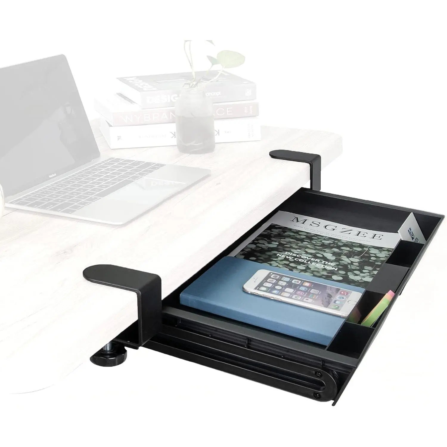 Under Desk Slide-Out Storage Drawer, Large 20" x 11.8" Clamp- Pull-Out Organizer with Adjustable Height, Space-Saving Tray for Office Supplies and Accessories, TAA-Compliant
